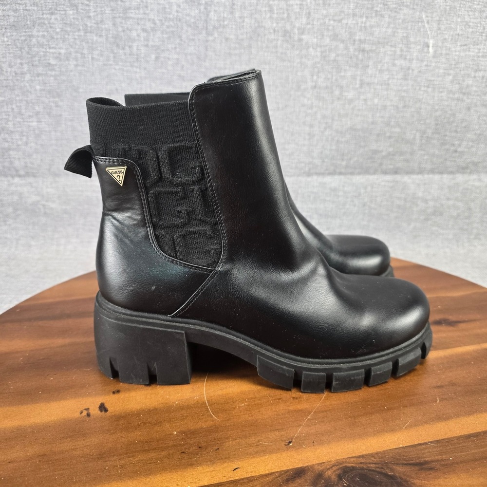 Guess Womens Black Lug Sole Logo Ankle Boots Round Toe Block Heel Pull On 8M